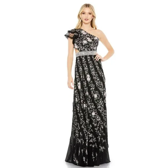 green emerald velvet dress Mac Duggal Embellished One-Shoulder Feathered Gown